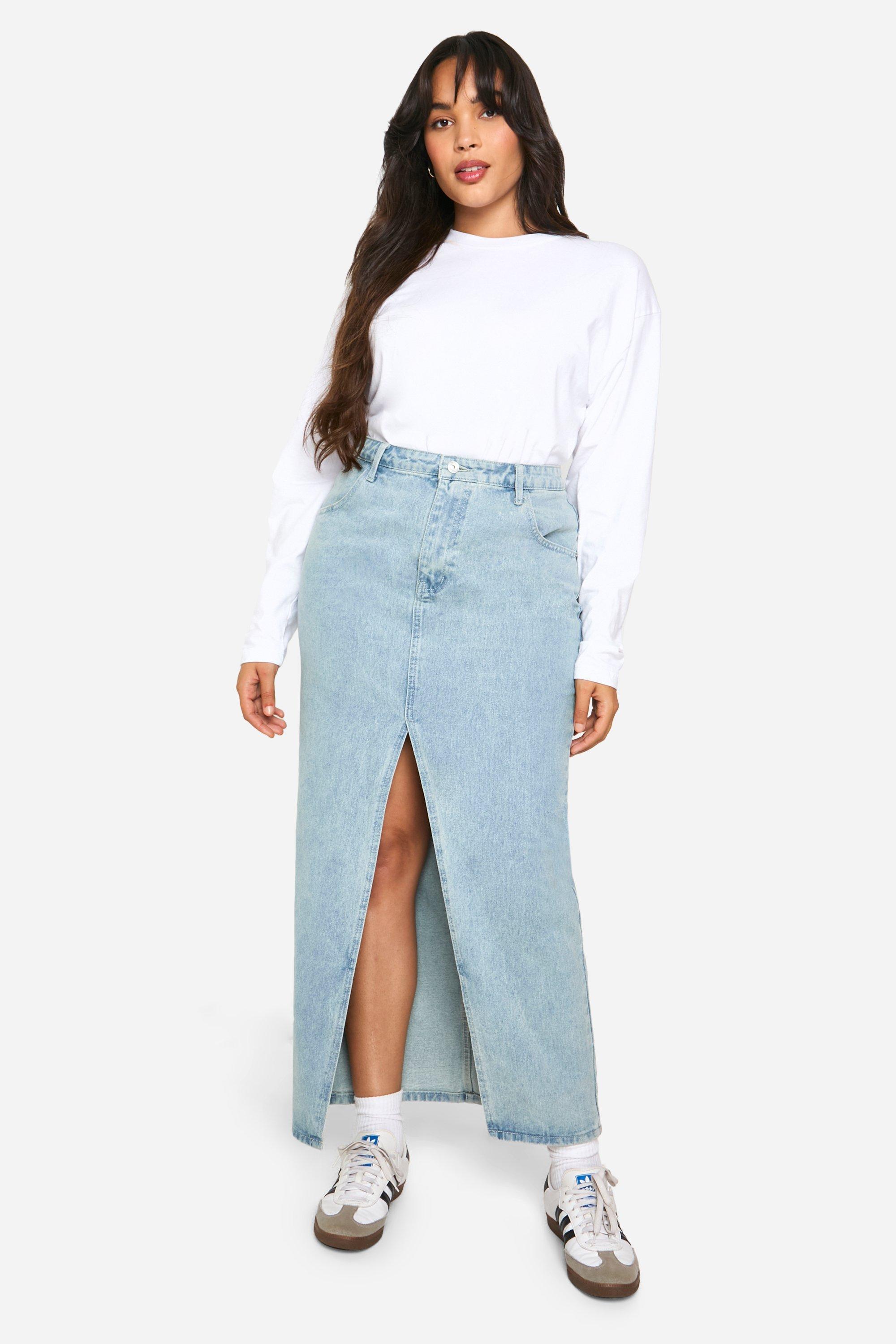 Plus Pocket Detail Split Front Denim Maxi Skirt